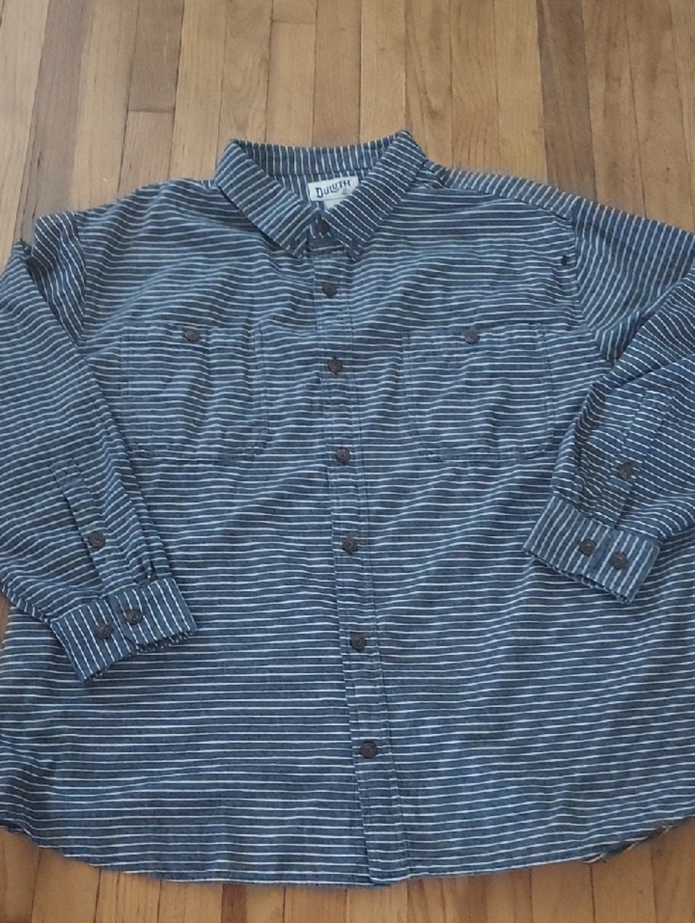 Duluth Trading Co Men's Denim and White Striped Button-Down Shirt